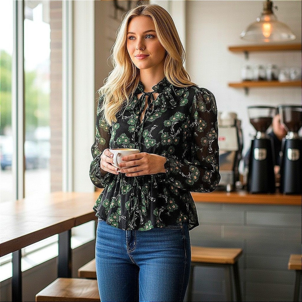 Topshop Women Black Vibrant Green Floral Ruffle Tie Neck Peplum Blouse US 8